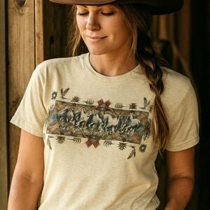 Southwestern Horse Graphic Tee • Beige Western Tribal Cowgirl Shirt • Boho Rodeo
